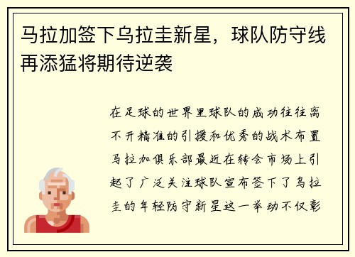马拉加签下乌拉圭新星，球队防守线再添猛将期待逆袭